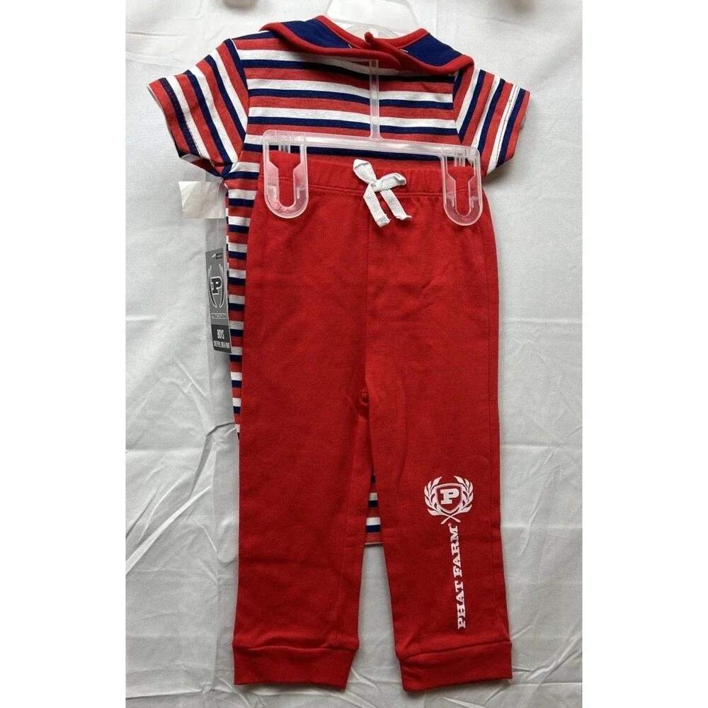 Phat Farm Bay Boys 18Month 3Pc Creeper Bib Pants Set Red Blue Bodysuit New